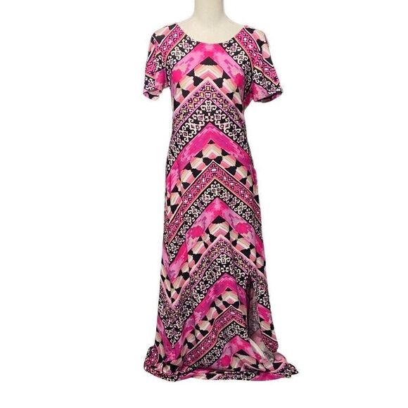 Cato Womens Size 18 Maxi Dress Pink Geometric Chevron Print Short Sleeve Stretch - Picture 2 of 14